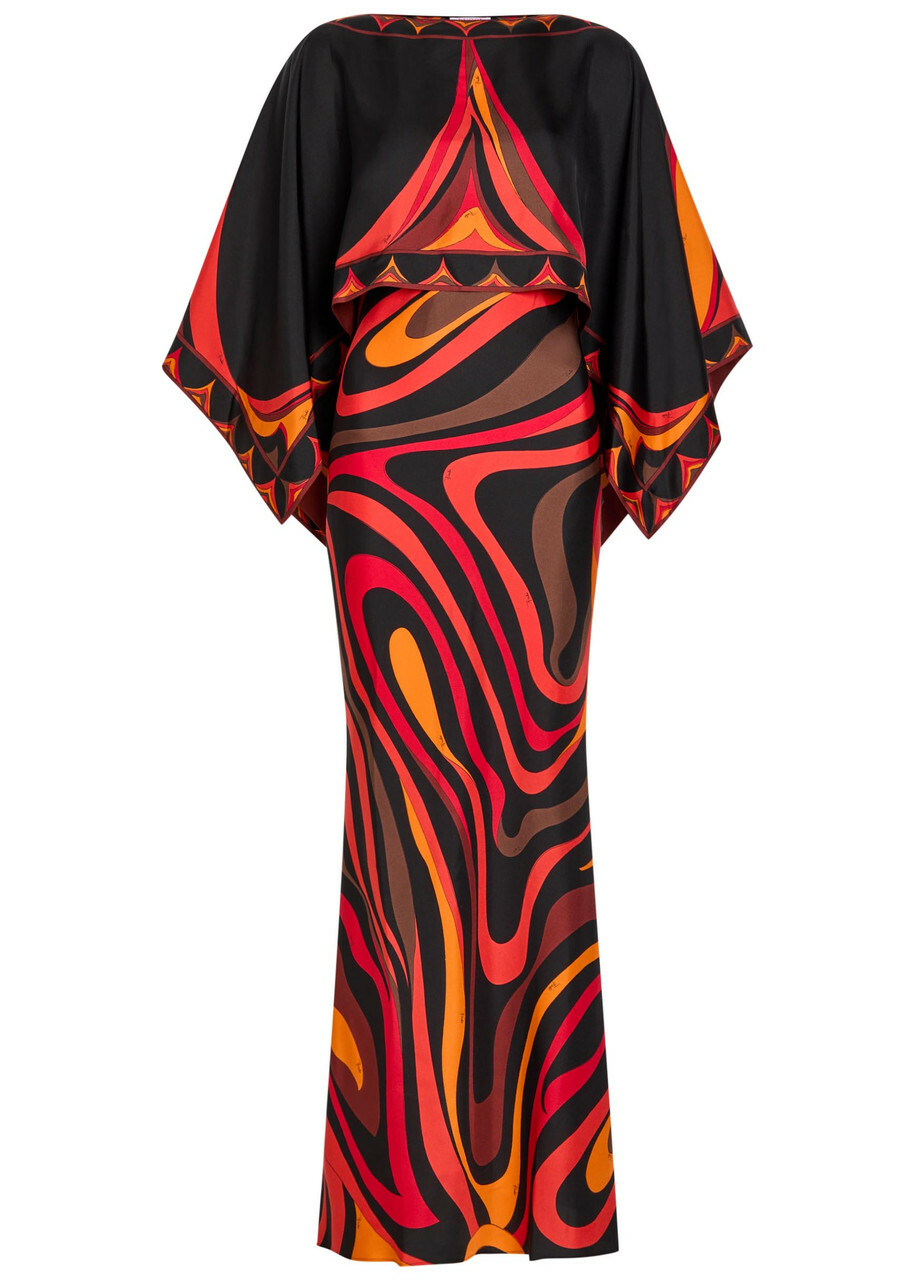 Pucci Printed Cape-effect Silk Maxi Dress Orange