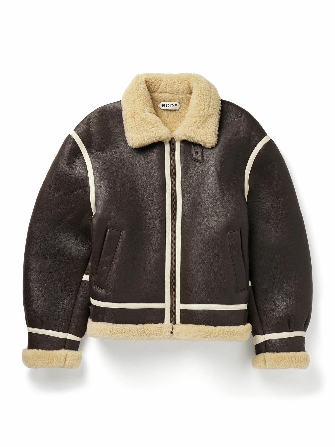 BODE - Leather-Trimmed Shearling Jacket - Brown Bode