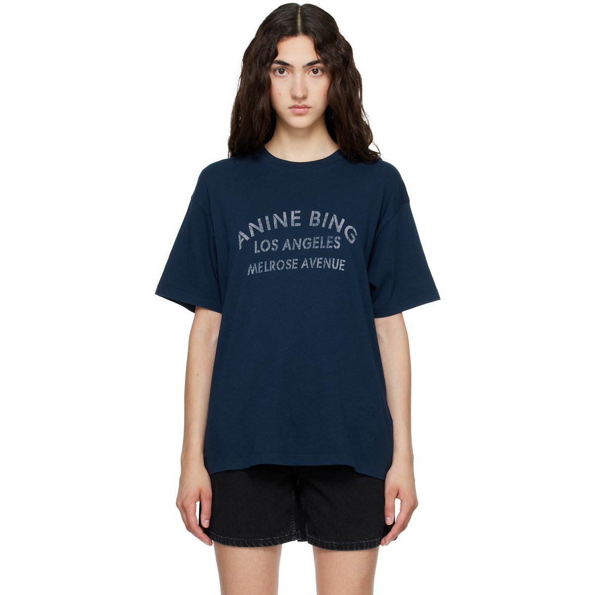 ANINE BING Navy Cade 'Melrose' Stencil T-shirt