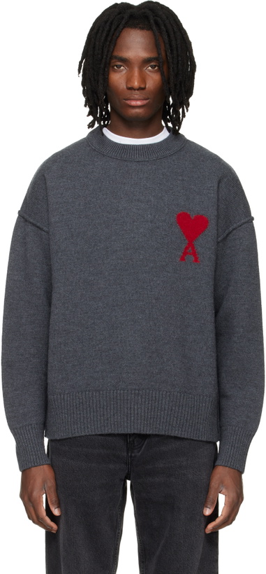 Photo: AMI Paris Gray Wool Contrasted Ami de Coeur Crewneck Sweater