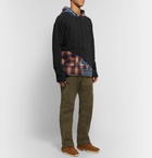 Greg Lauren - Panelled Distressed Loopback Cotton-Jersey and Checked Cotton-Flannel Hoodie - Black