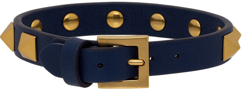 Valentino Garavani Navy Leather Studded Bracelet