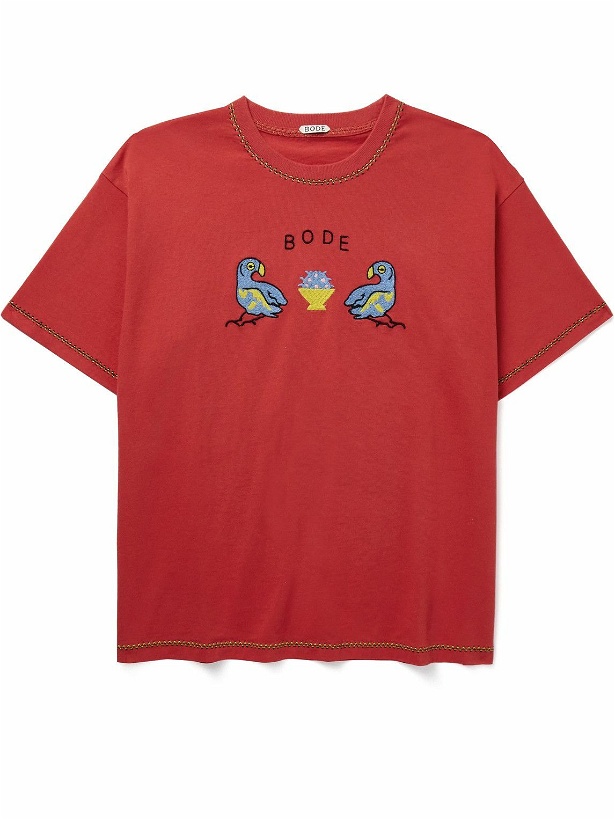 Photo: BODE - Twin Parakeet Logo-Embroidered Cotton-Jersey T-Shirt - Red
