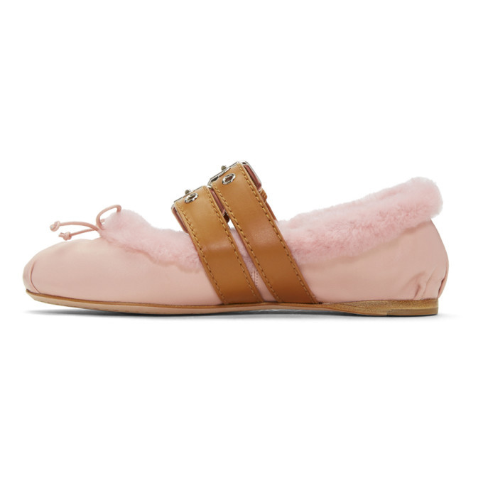 Miu Miu Pink Shearling Double Buckle Ballerina Flats Miu Miu