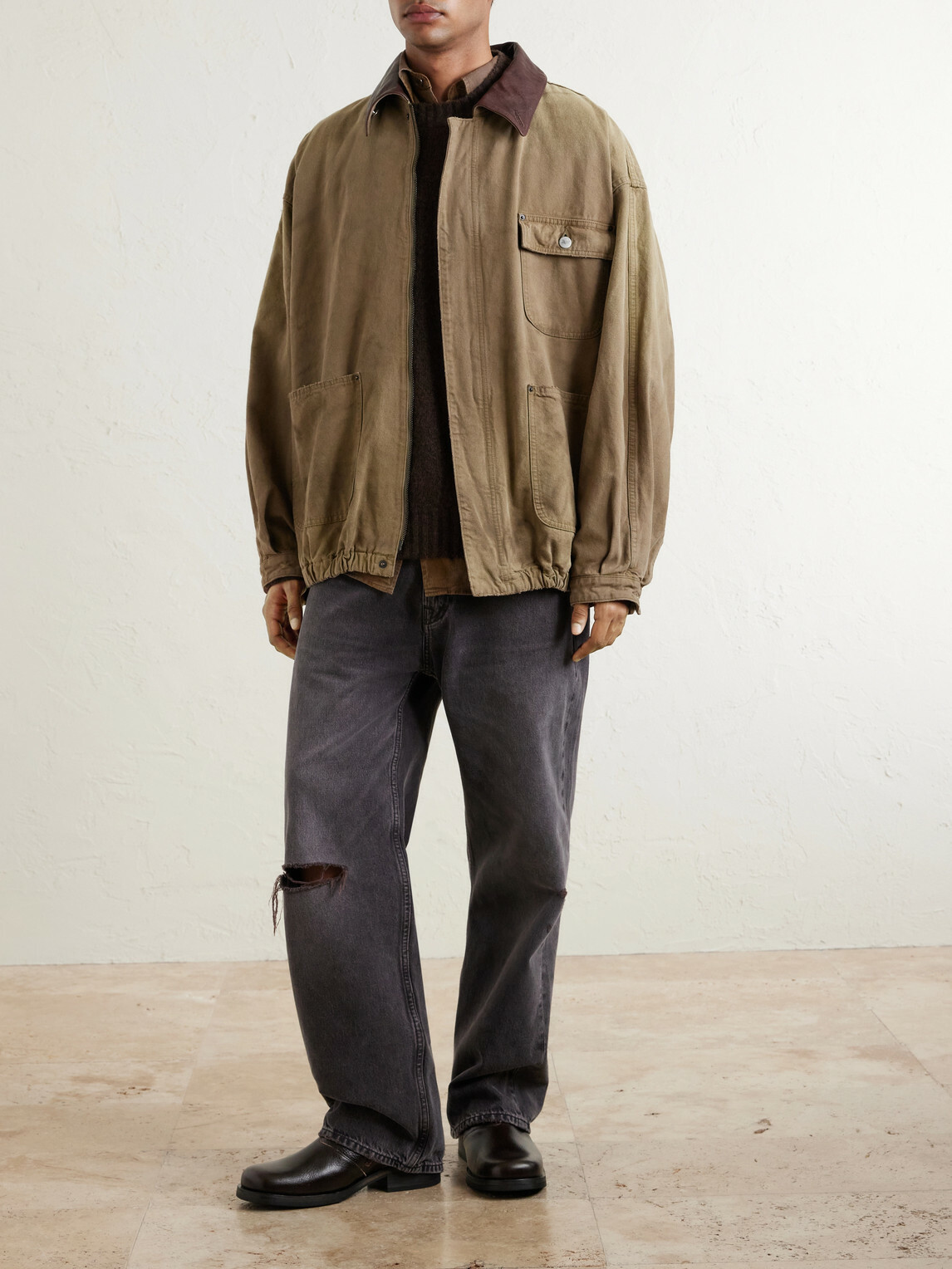 ssstein - Leather-Trimmed Garment-Dyed Cotton-Canvas Jacket - Brown
