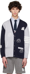 Thom Browne Navy & Gray Funmix 4-Bar Rose & Raven Cardigan