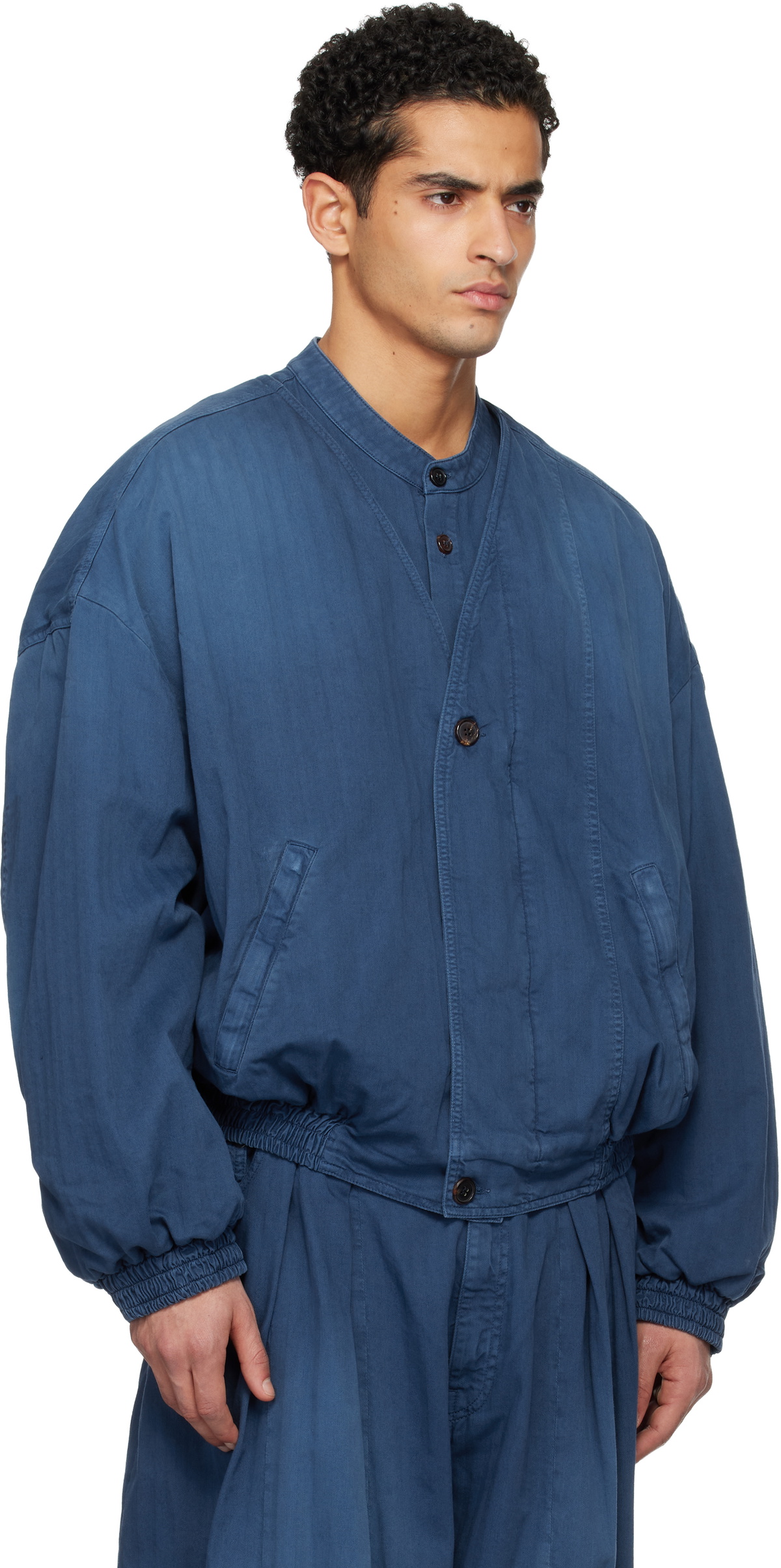 Hed Mayner Blue Herringbone Denim Bomber Jacket