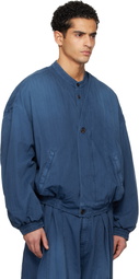 Hed Mayner Blue Herringbone Denim Bomber Jacket