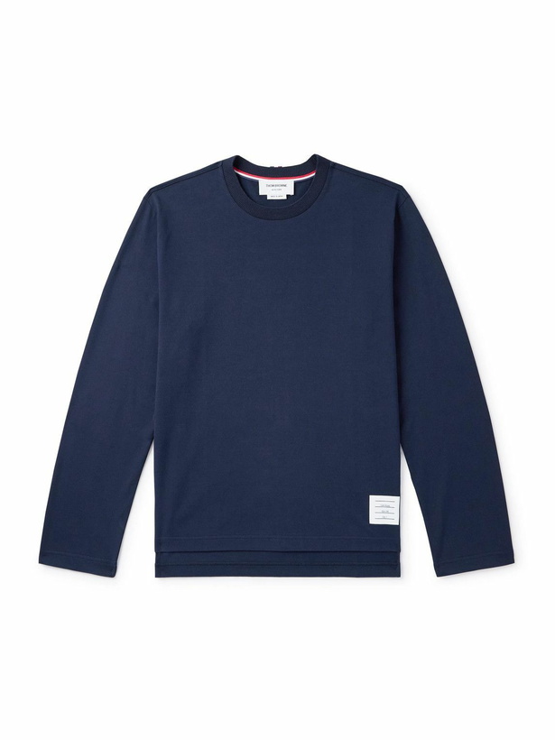 Photo: Thom Browne - Logo-Appliquéd Striped Cotton-Jersey T-Shirt - Blue