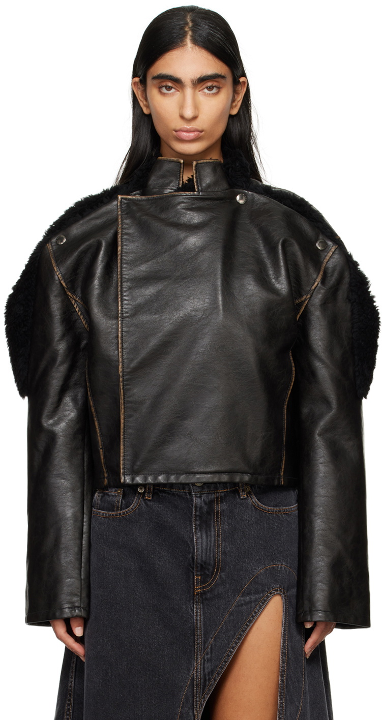 Y/Project Brown Collapsed Shoulder Faux-Leather Jacket