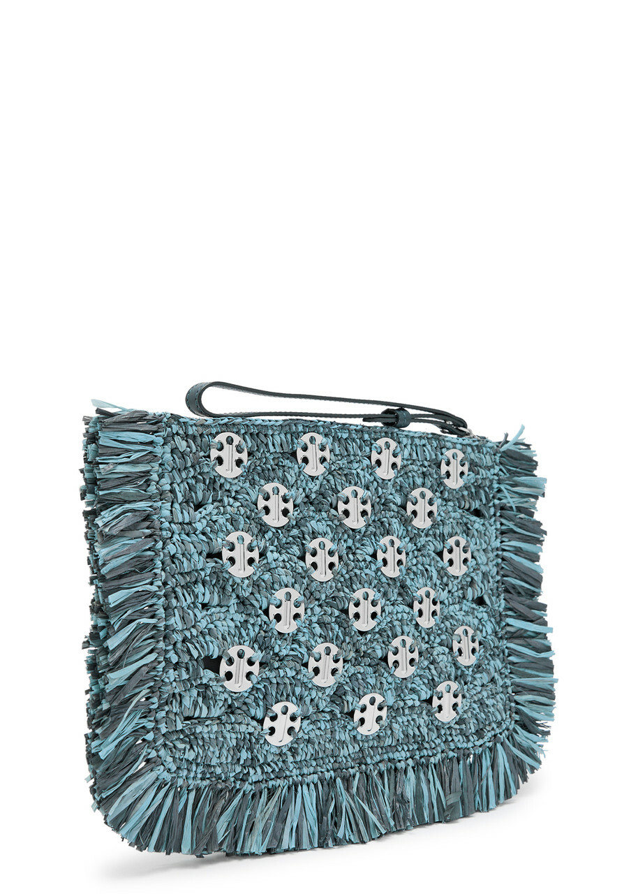 Rabanne Fringed Disc-embellished Raffia Pouch - Denim - One Size