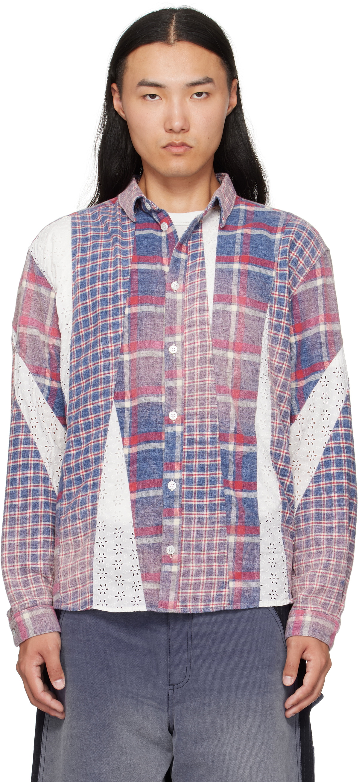 Khoki Blue & Red Vintage-Effect Asymmetric Shirt KHOKI
