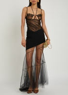 Nensi Dojaka Asymmetric Panelled Mesh Maxi Dress Black