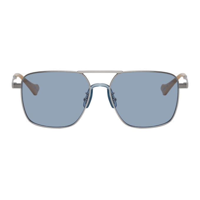 Photo: Gucci Silver and Blue Square Aviator Sunglasses