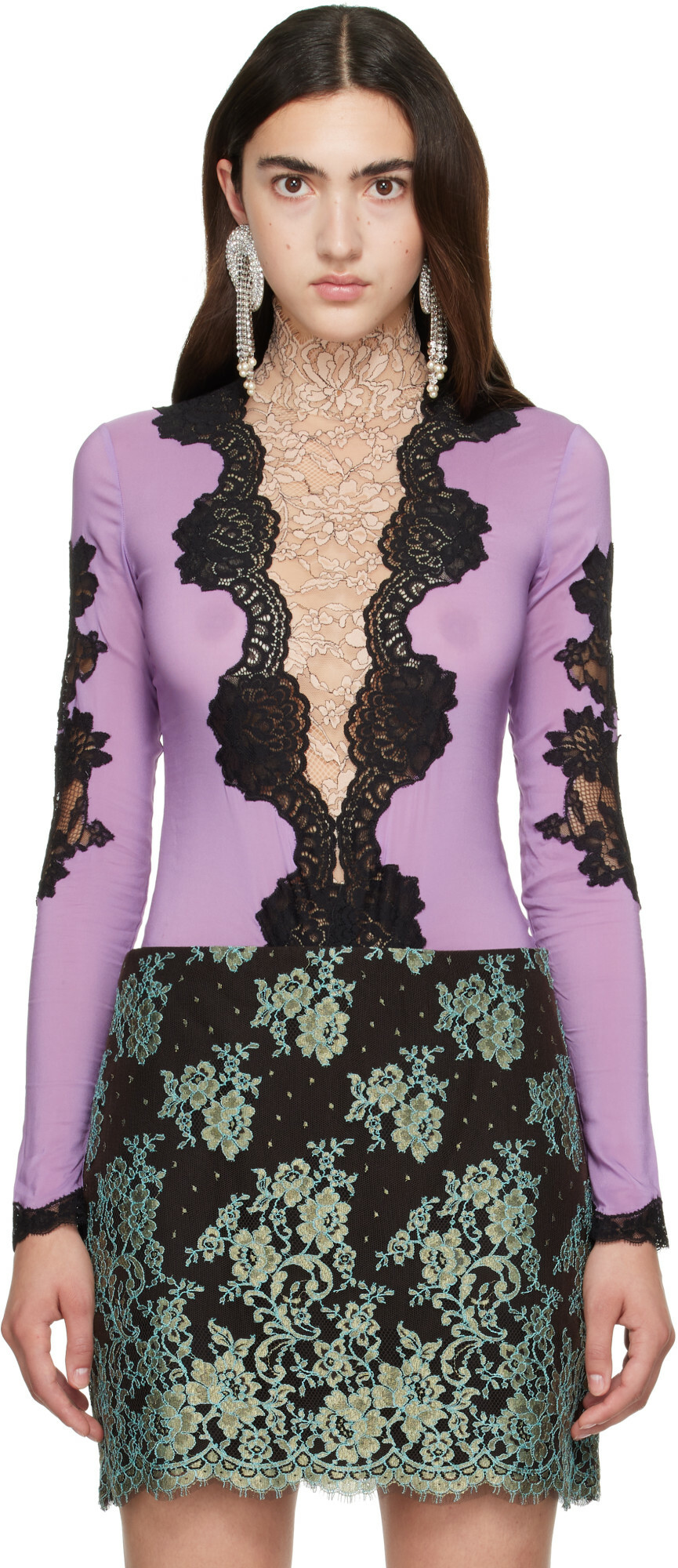 Valentino Purple Jersey Lace Bodysuit