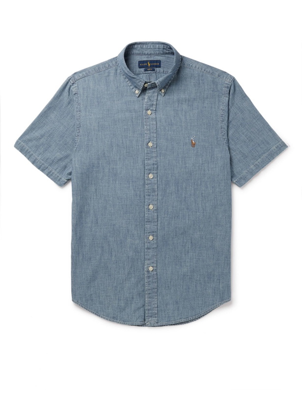 Photo: POLO RALPH LAUREN - Slim-Fit Button-Down Collar Logo-Embroidered Cotton-Chambray Shirt - Blue