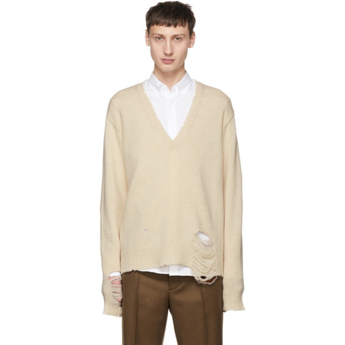 Photo: Maison Margiela Off-White Wool Distressed V-Neck Sweater