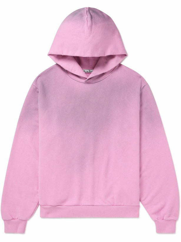 Photo: Acne Studios - Garment-Dyed Distressed Logo-Print Cotton-Blend Jersey Hoodie - Pink