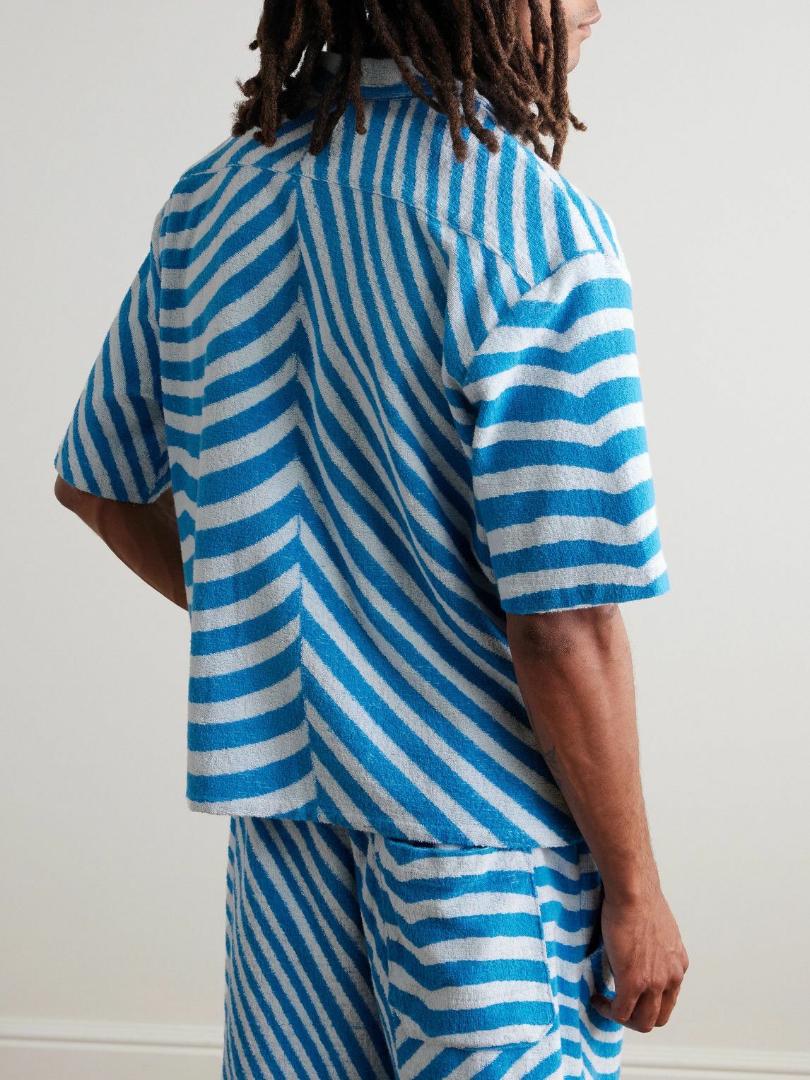 The Elder Statesman - Camp-Collar Embroidered Striped Organic Cotton-Terry Shirt - Blue