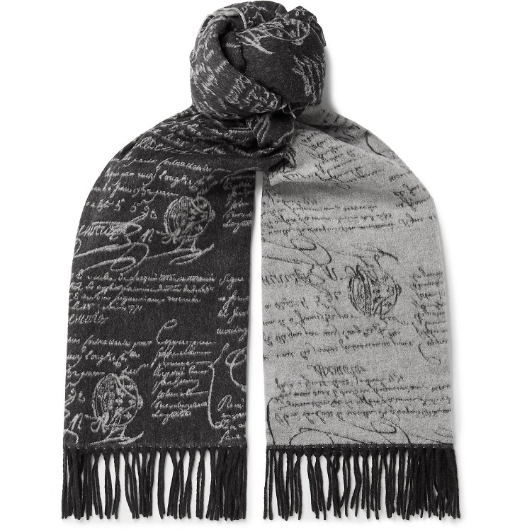Photo: Berluti - Scritto Reversible Fringed Brushed-Silk Scarf - Gray
