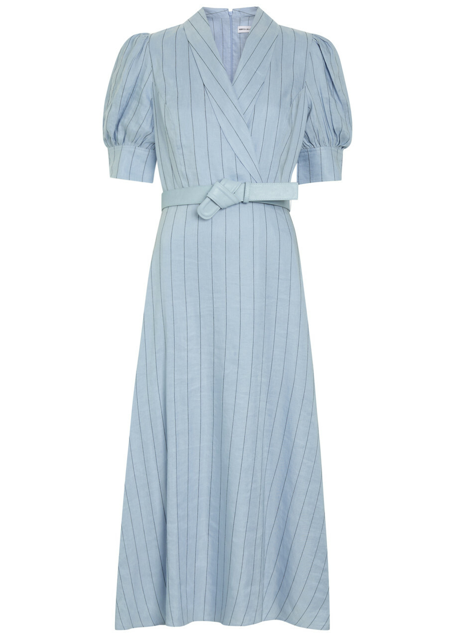 Rebecca Vallance Effie Pinstripe Belted Linen-blend Midi Dress Light Blue