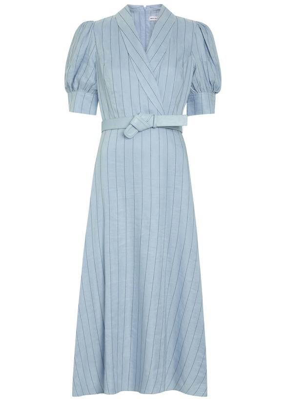 Photo: Rebecca Vallance Effie Pinstripe Belted Linen-blend Midi Dress Light Blue