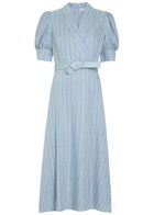 Rebecca Vallance Effie Pinstripe Belted Linen-blend Midi Dress Light Blue