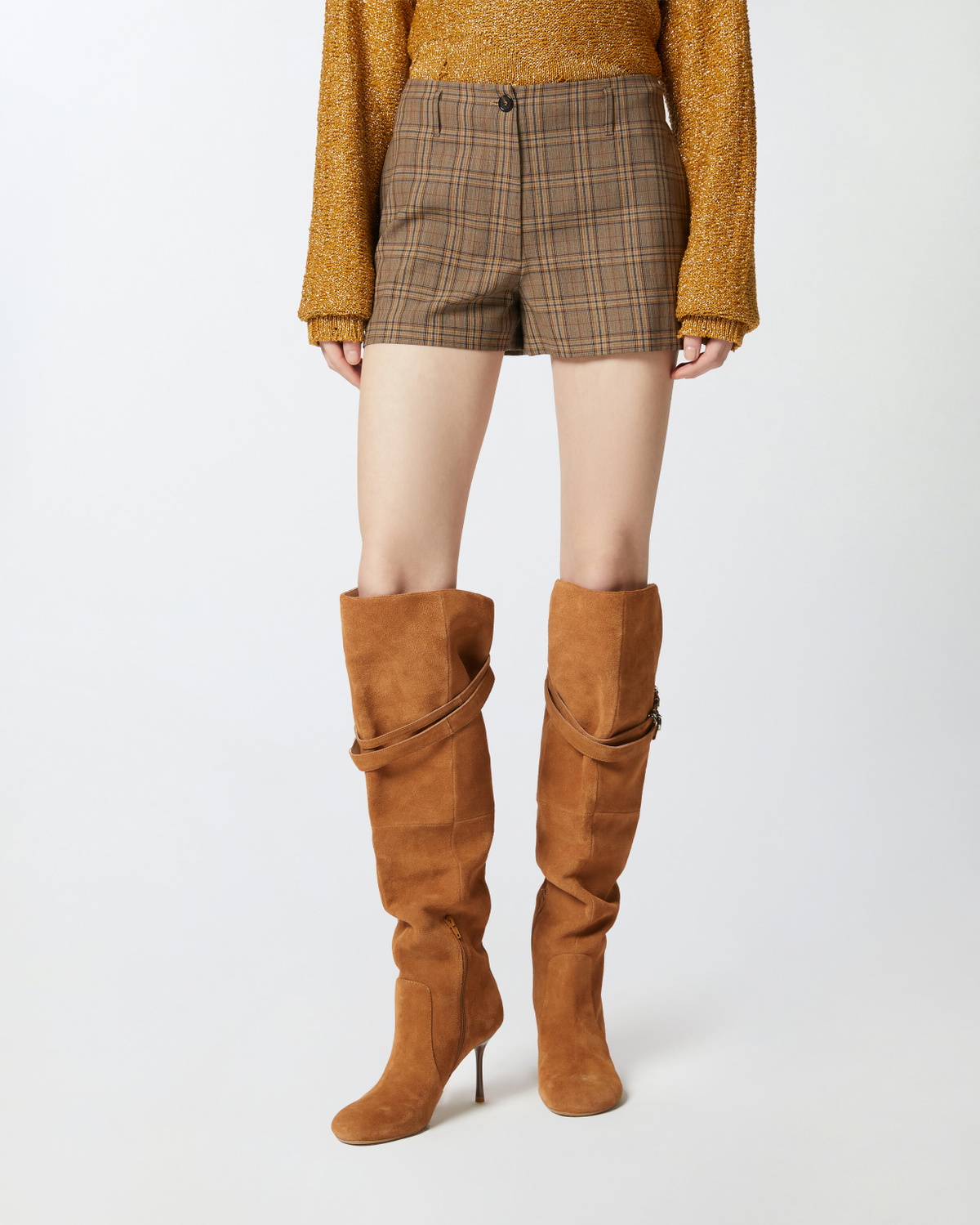 Pinko Wide Shorts With Checked Pattern Brown Camel