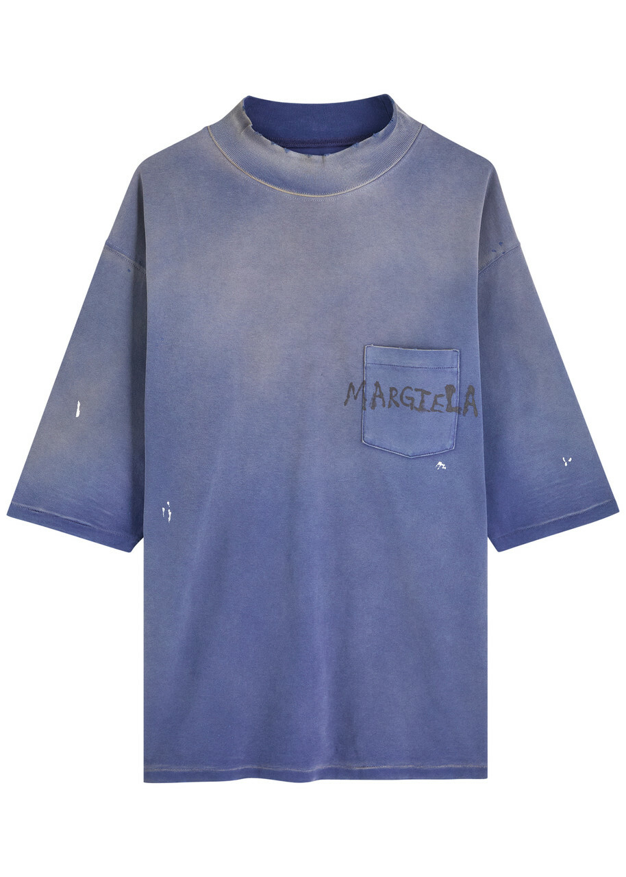 Maison Margiela Distressed Logo-printed Cotton T-shirt Blue Maison