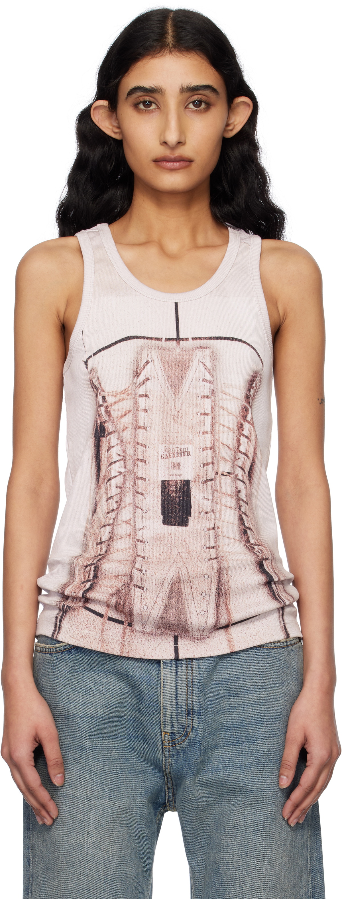 Jean Paul Gaultier Pink 'The Corset Trompe-L'oeil' Tank Top Jean
