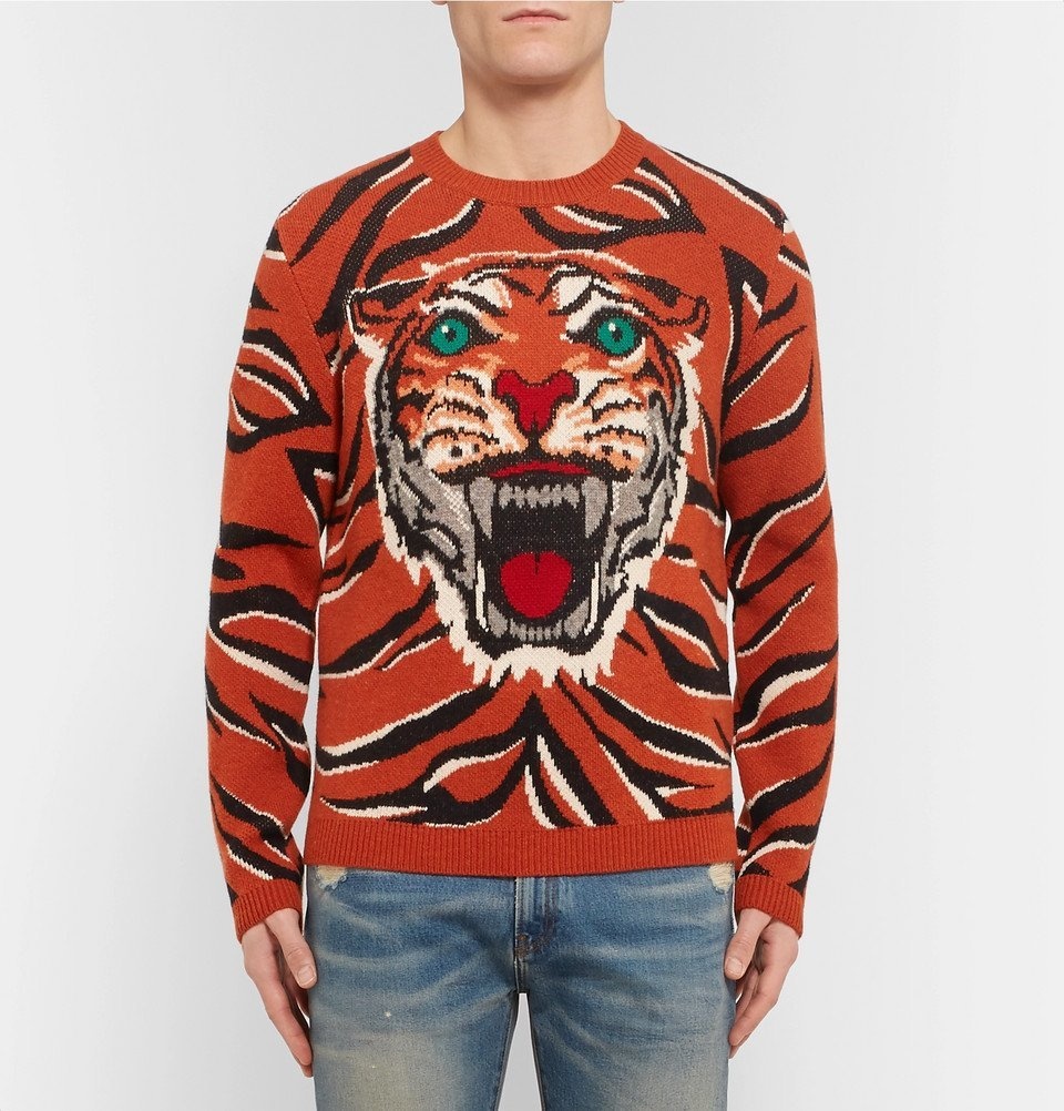 Gucci Orange Guccy Tiger Intarsia Sweater for Men