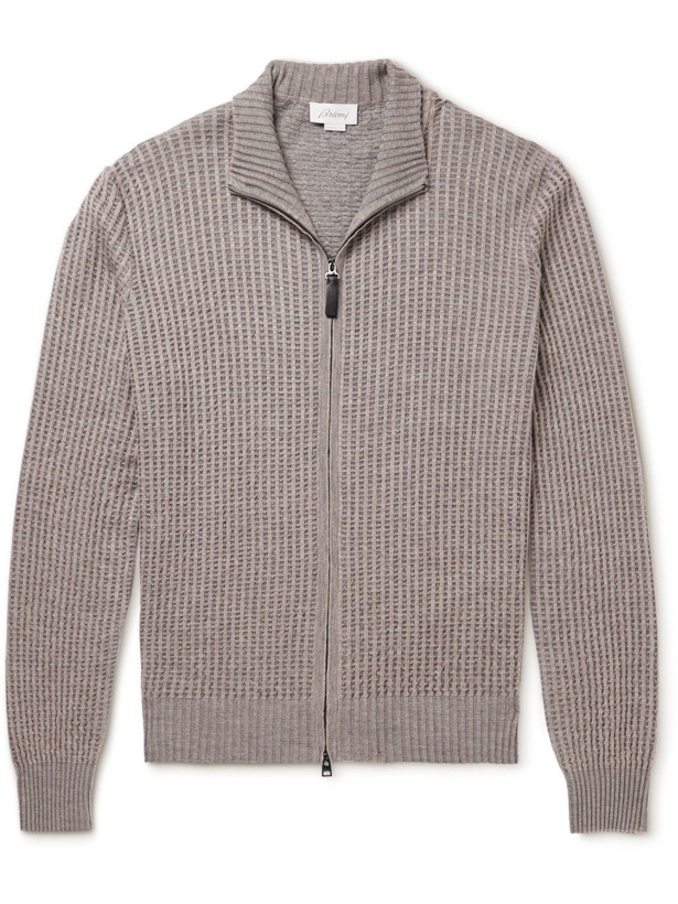 Photo: Brioni - Waffle-Knit Cashmere and Silk-Blend Zip-Up Cardigan - Gray