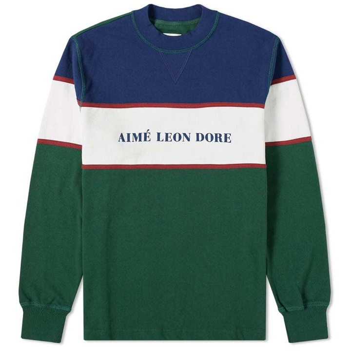 Photo: Aim&eacute; Leon Dore Colour Blocked Logo Crew Sweat Green, White & Navy