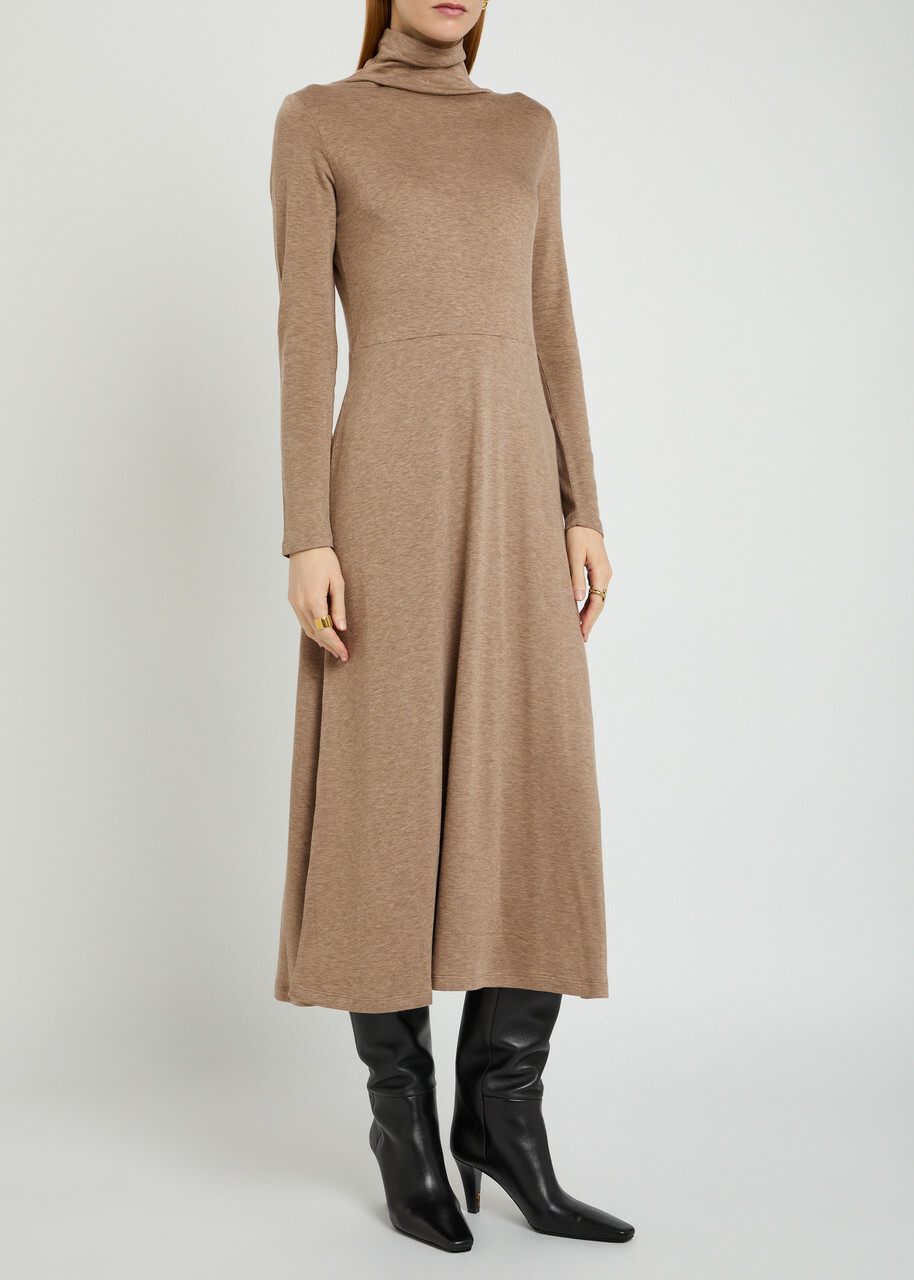 Vince Funnel-neck Jersey Midi Dress Beige