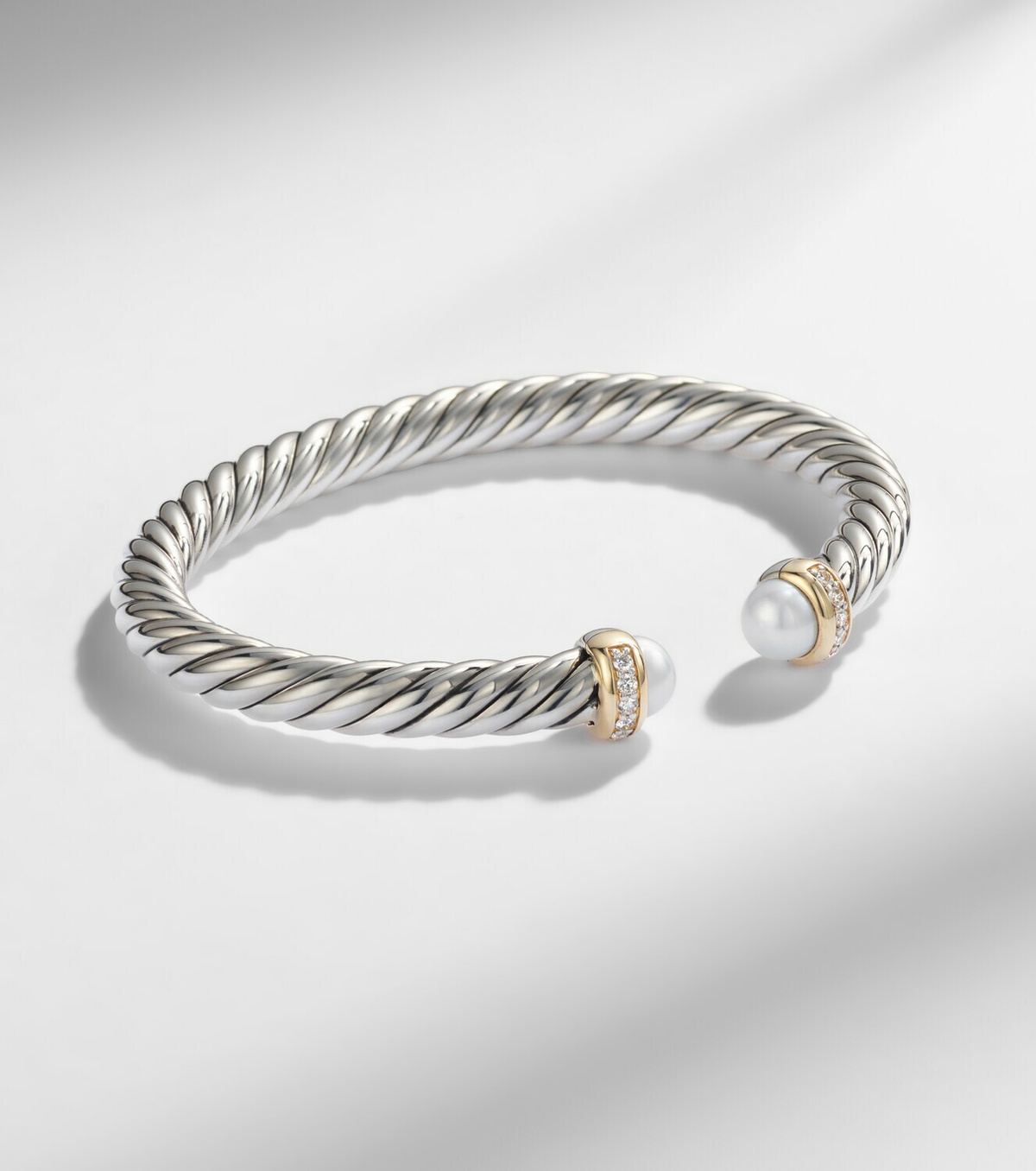 David Yurman Cable Flex® sterling silver and 14kt gold cuff bracelet with diamonds and pearls