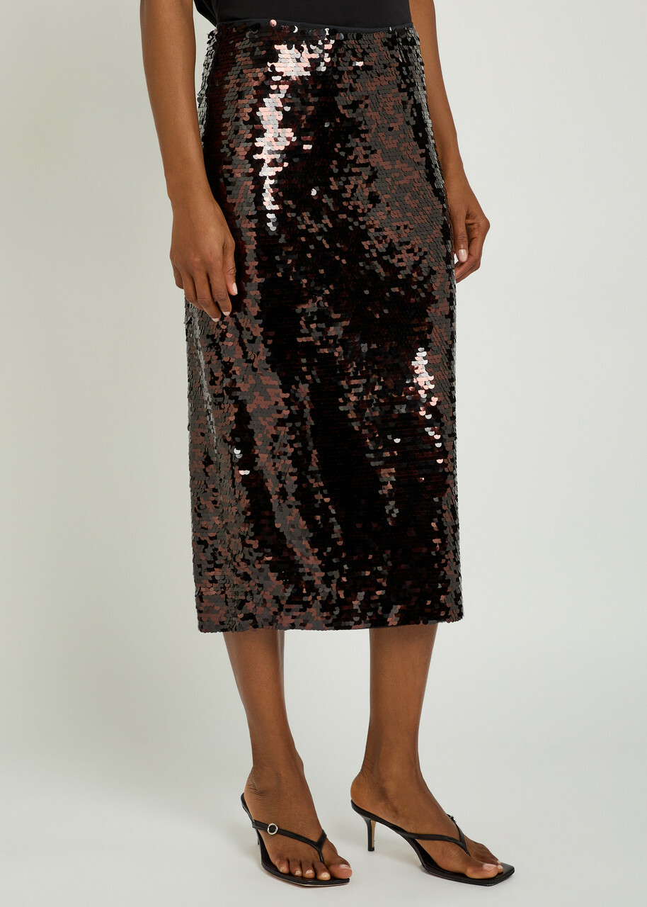 Staud Ciara Sequin-embellished Mesh Midi Skirt Dark Brown