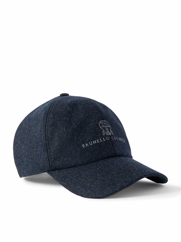 Photo: Brunello Cucinelli - Logo-Embroidered Leather-Trimmed Wool-Flannel Baseball Cap - Blue