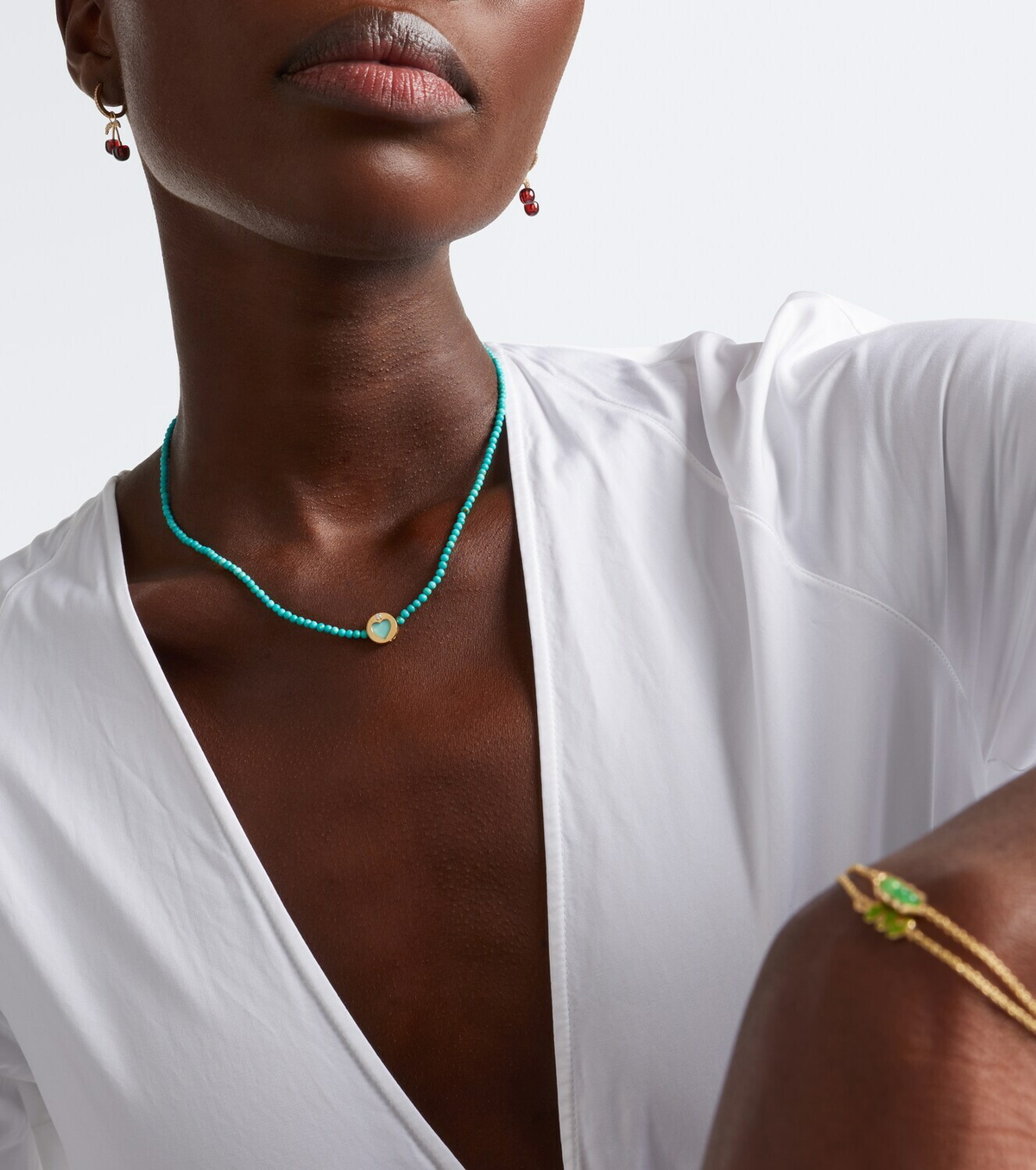 Sydney Evan Icon Heart 14kt gold beaded necklace with turquoise and diamond