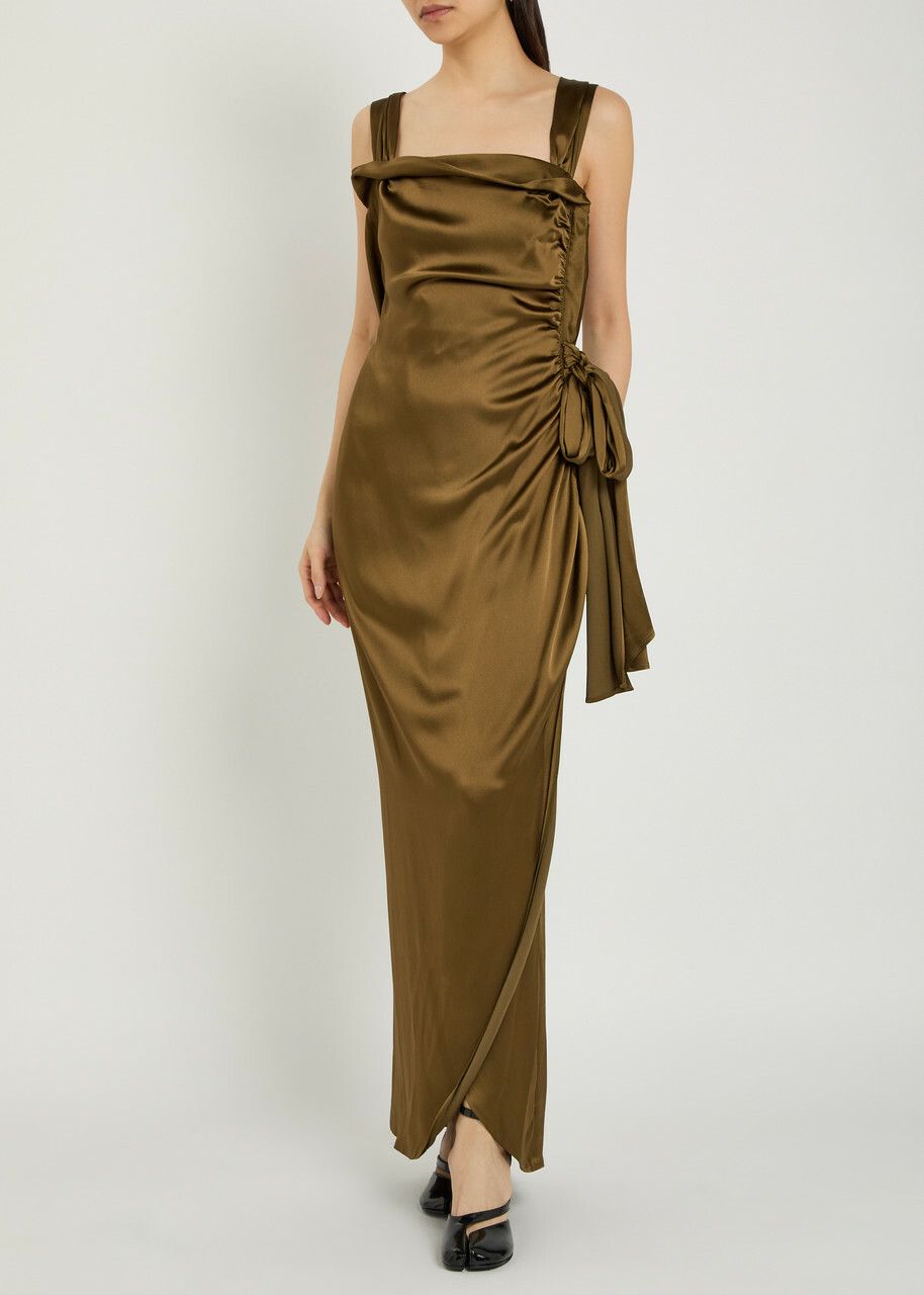 Maison Margiela Draped Satin and Silk-blend Maxi Dress Brown