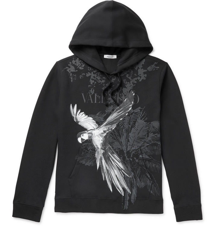 Photo: Valentino - Printed Cotton-Blend Jersey Hoodie - Black