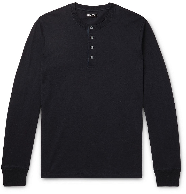 Photo: TOM FORD - Cotton-Jersey Henley T-Shirt - Blue