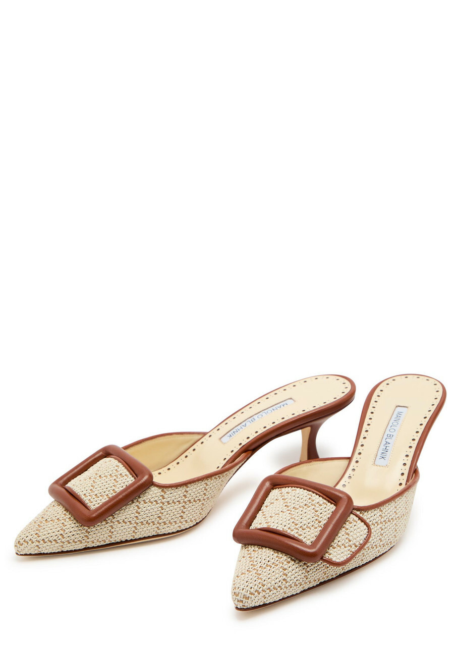 Manolo Blahnik Maysalebi 50 Raffia and Leather Mules Beige