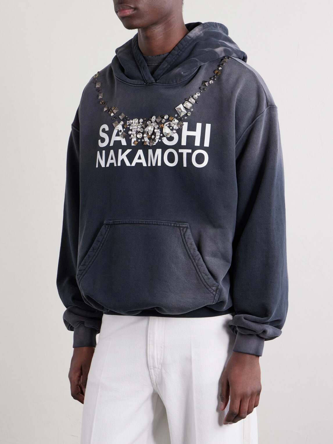 Satoshi Nakamoto - Logo-Print Embellished Cotton-Jersey Hoodie - Black