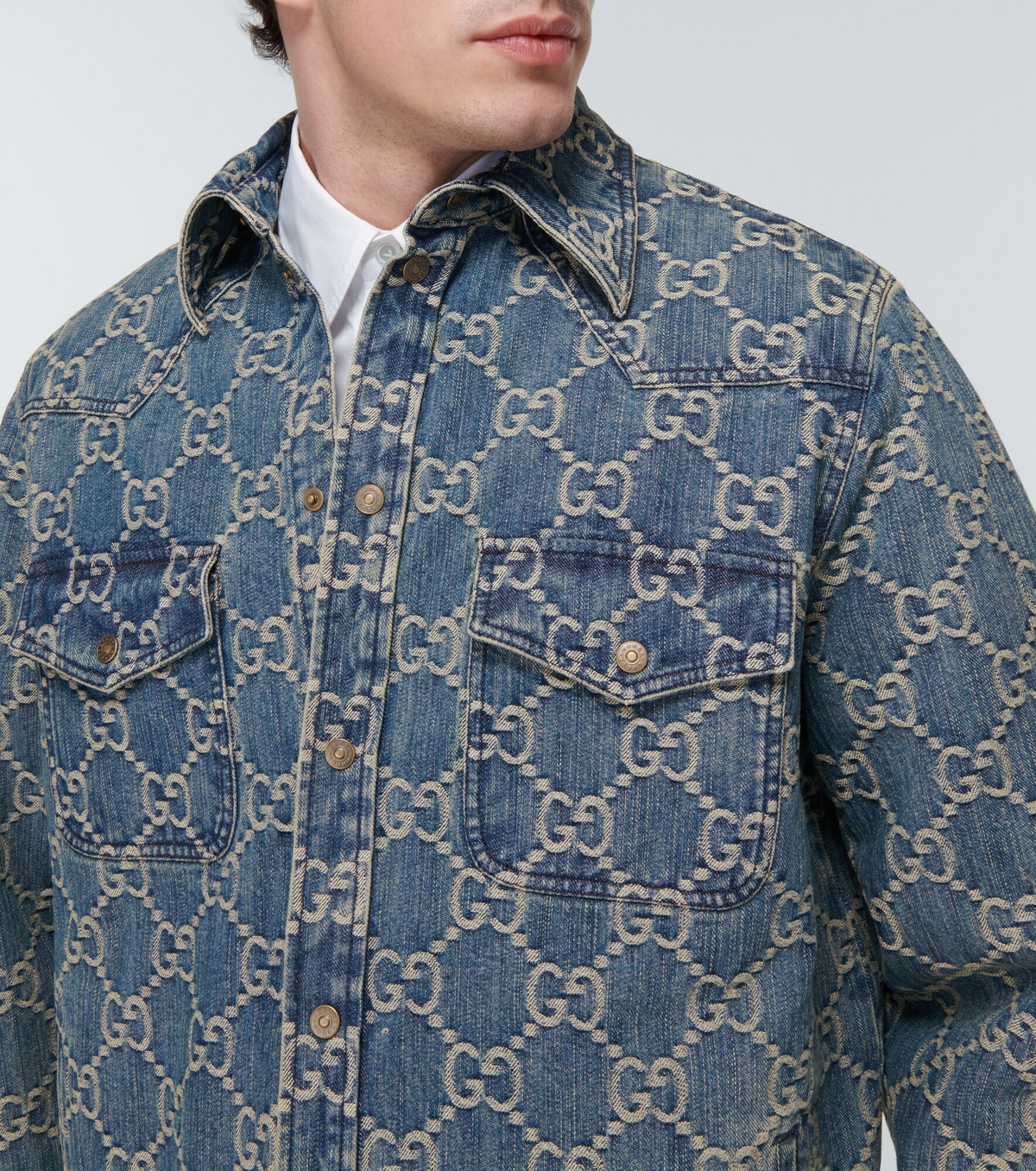 Gucci - GG-jacquard Denim Shirt - Mens - Blue White