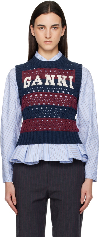 Photo: GANNI Navy & Burgundy Cotton Mixed Stripe Vest