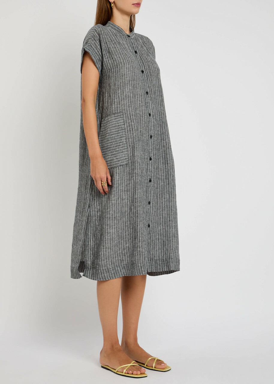 Eileen Fisher Striped Linen Midi Shirt Dress Black And White
