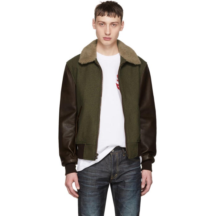 Photo: Schott Green Wool and Leather Bomber Jacket