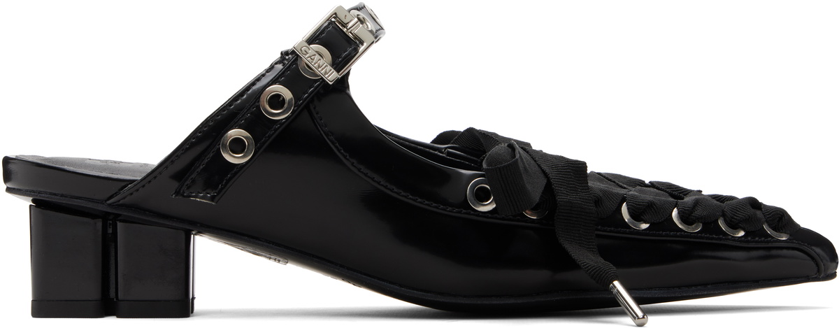 GANNI Black Eyelets Lace Up Mule Heels