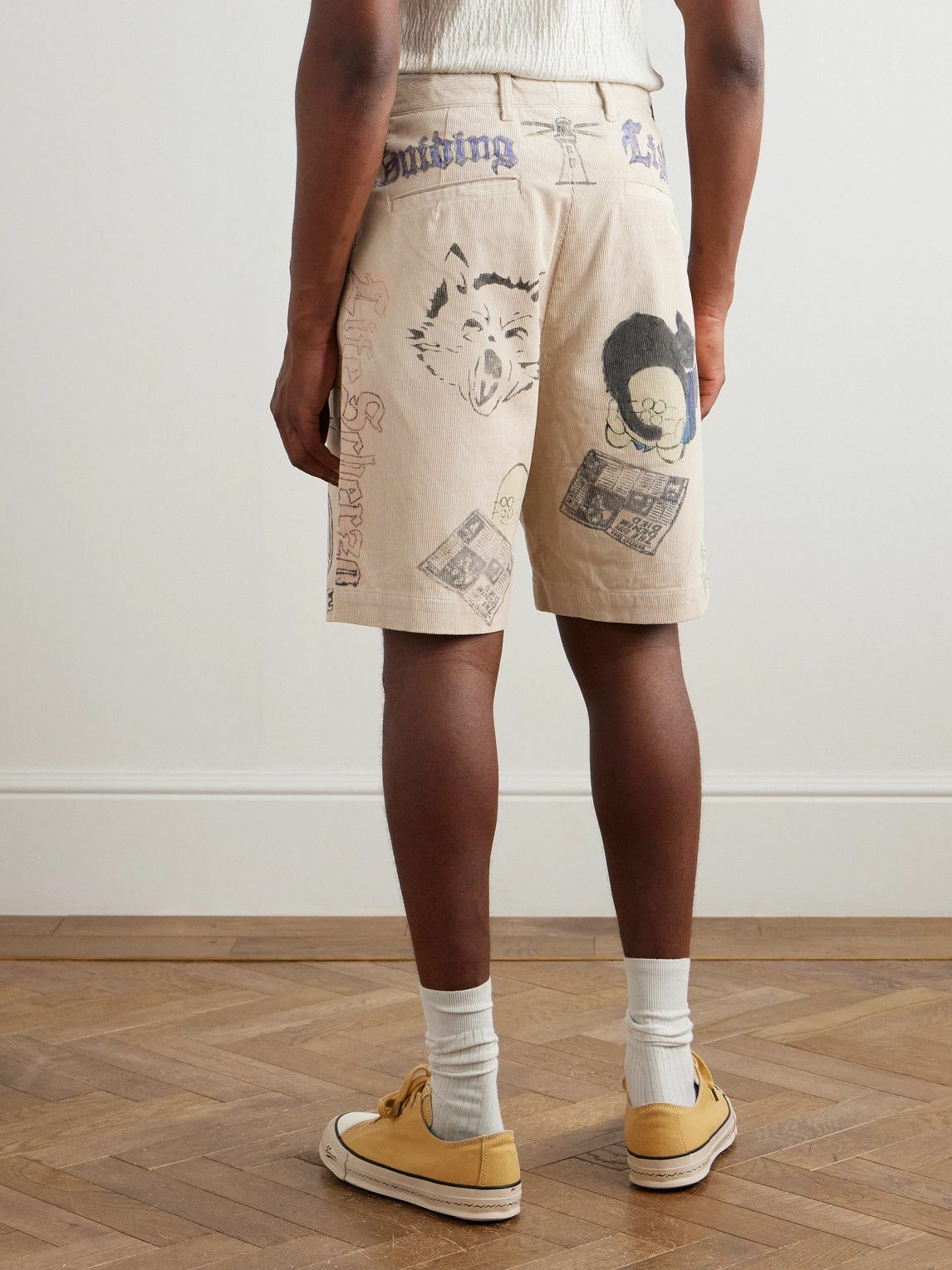 KAPITAL - Memorial Paint Straight-Leg Printed Cotton-Corduroy Shorts - Neutrals