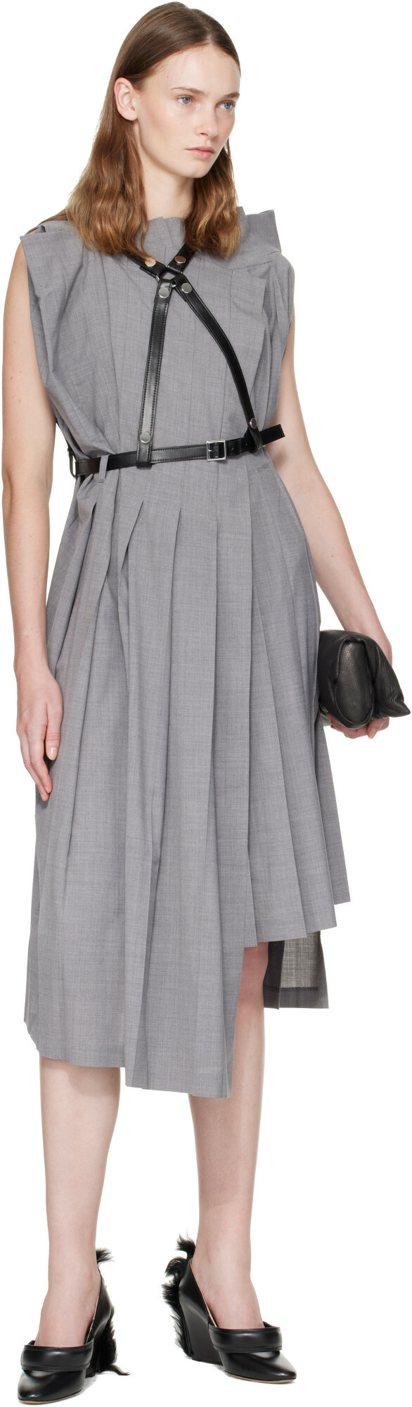 Junya Watanabe Gray Pleated Harness Midi Dress